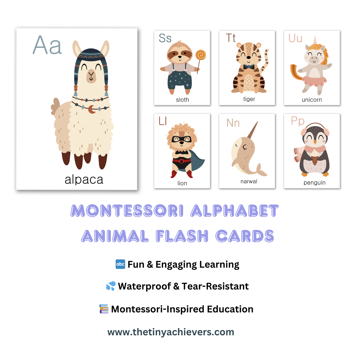 Montessori Alphabet Animal Flash Cards – Waterproof & Tear-Resistant | ABC Learning Cards for Toddlers & Preschoolers